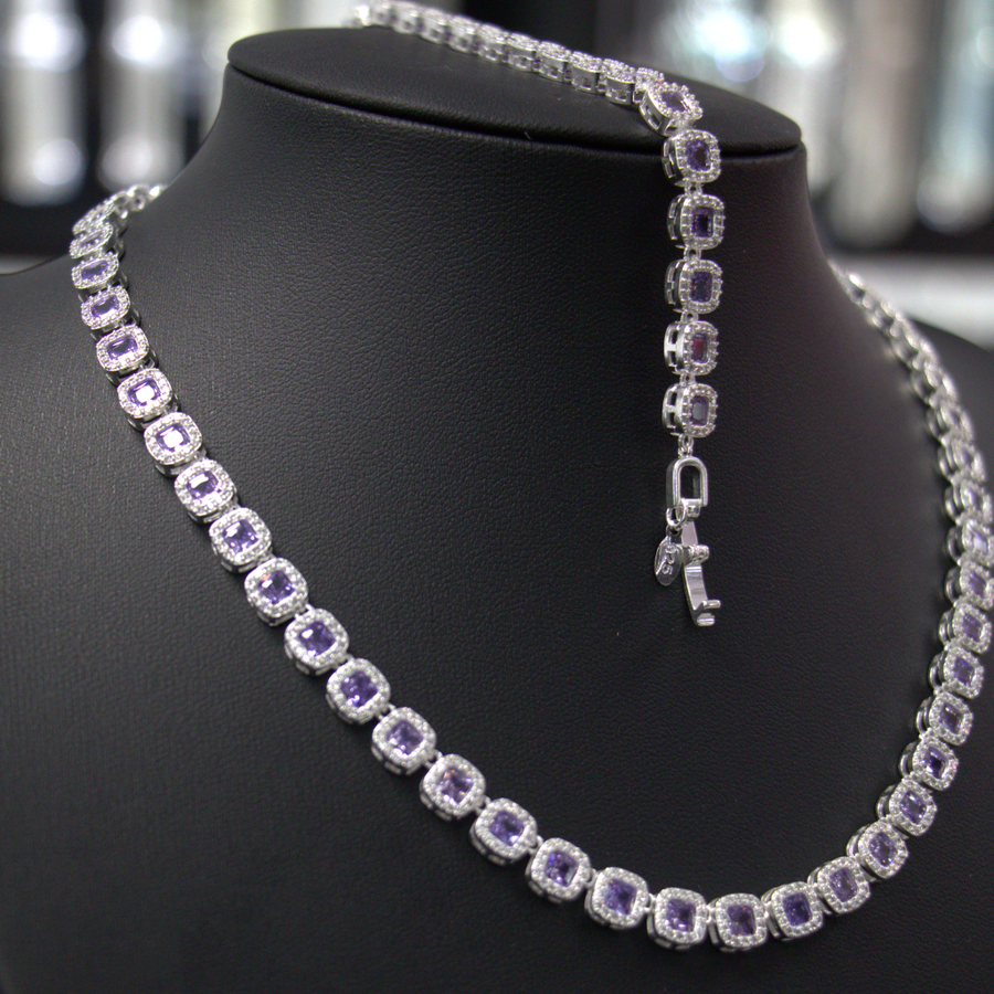 Conjunto de Collar y Pulsera de Plata con Microcircones Violetas